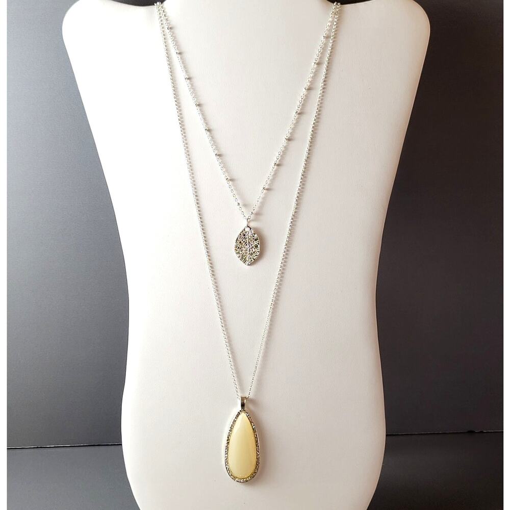 Silver Tone Layered Necklace Leaf and Teardrop Pendants 38" Chain